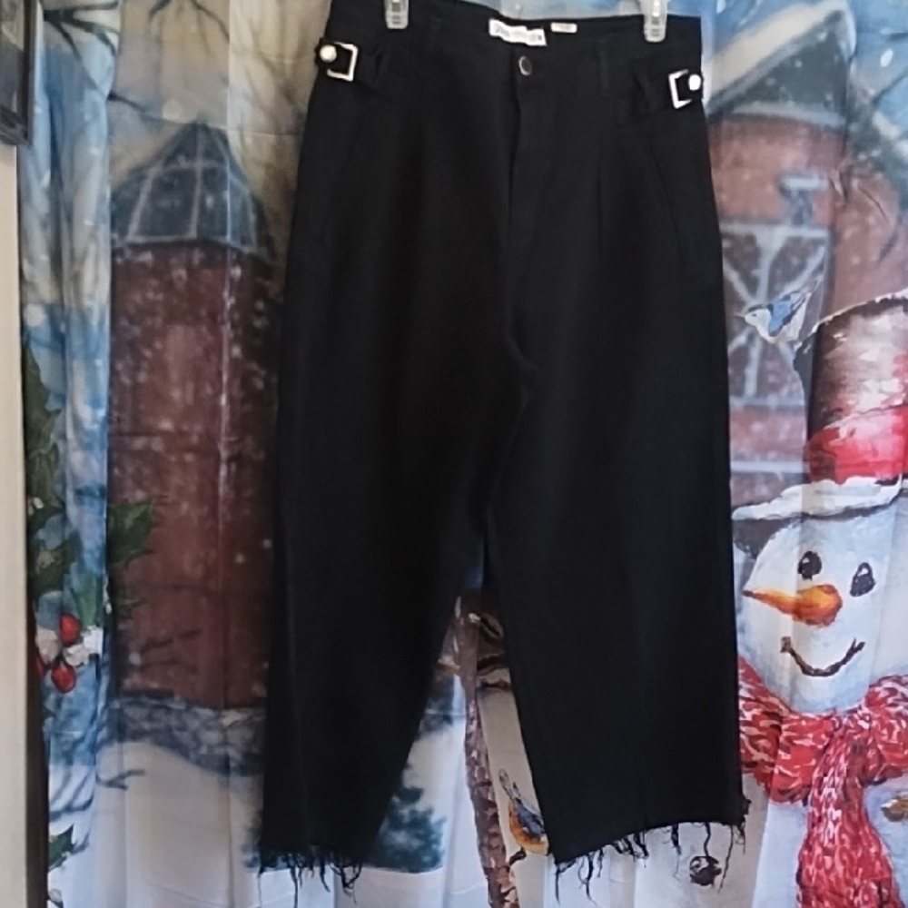 Black Wide Leg Pants with Buckle Detail